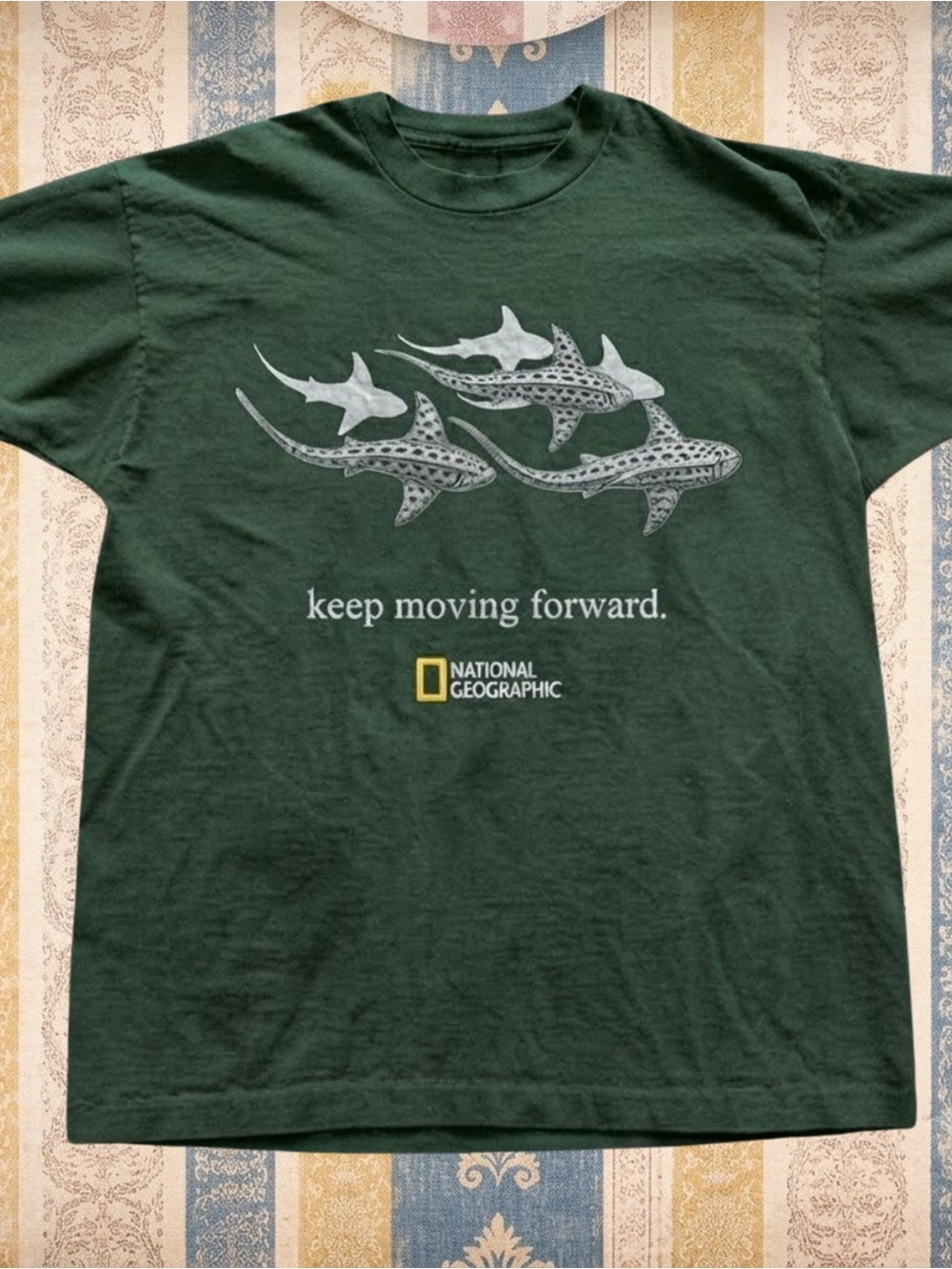 National Geographic Men's Dark Green Graphic Tee with Gray Sharks